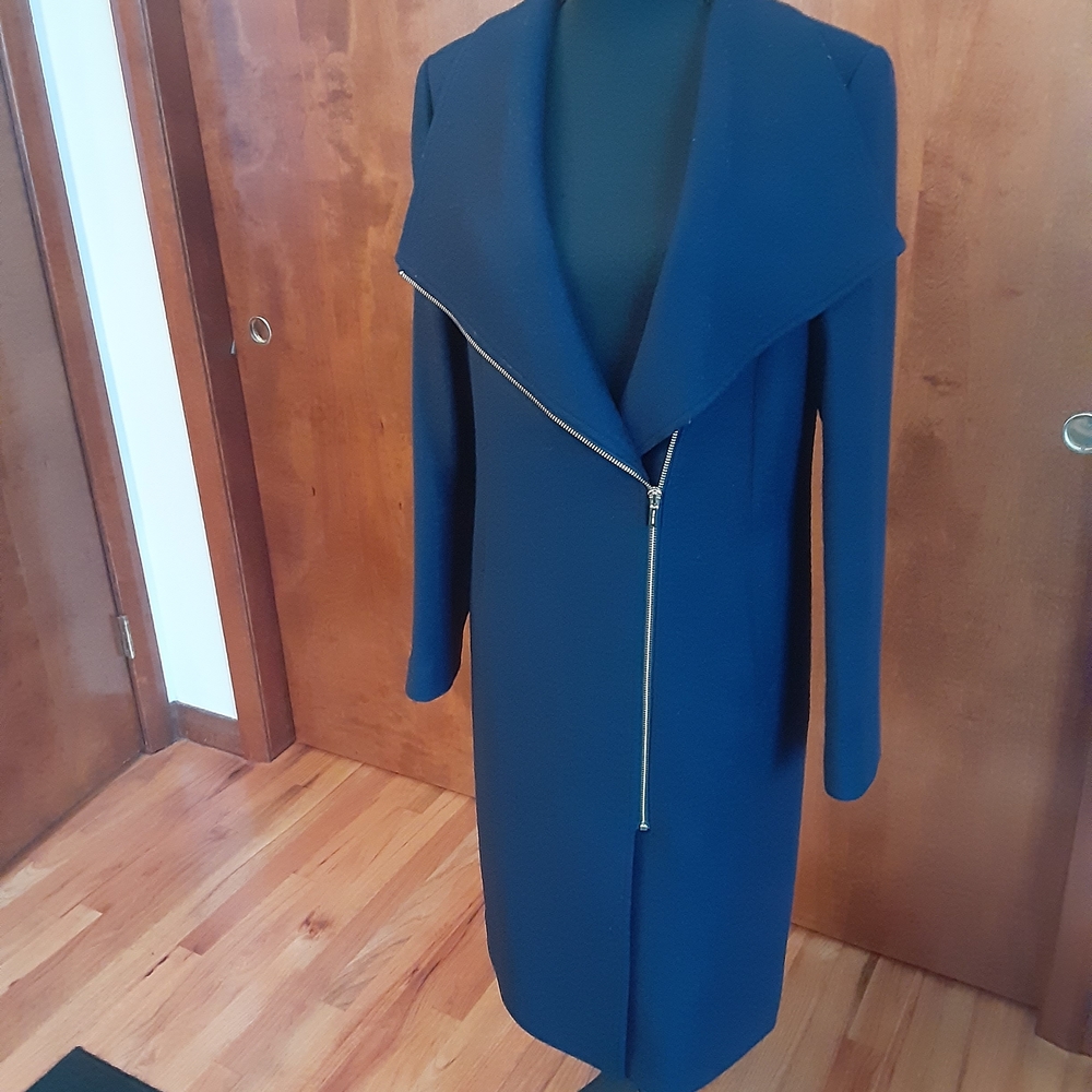 Cole Haan Navy Trench Coat with Asymmetrical Zipper